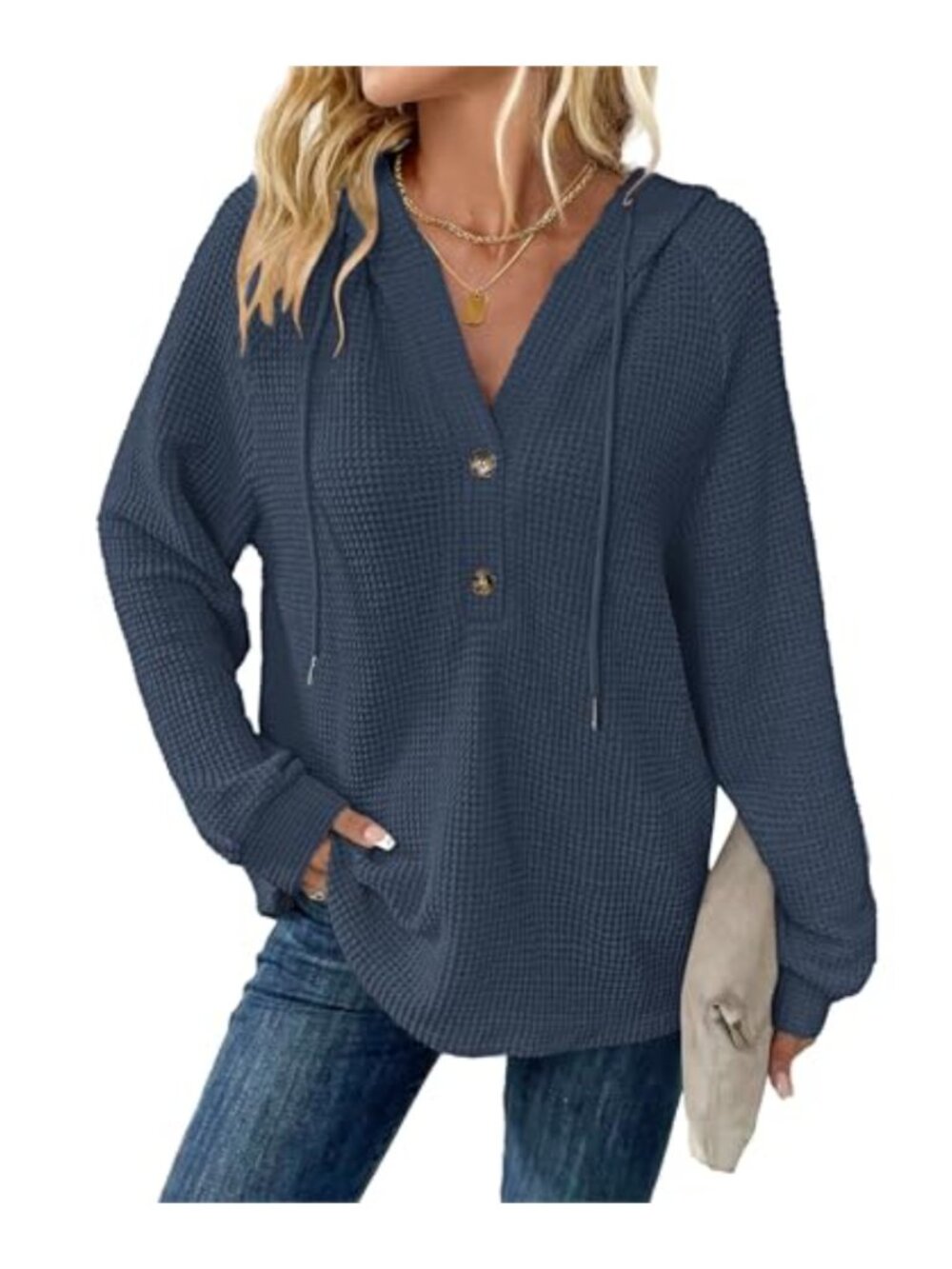 Waffle Knit Hoodie V Neck Button Down Oversized Sweatshirt